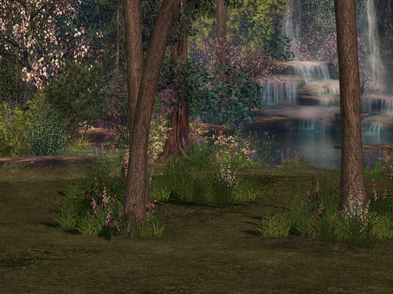 background, composing, water, nature, waterfall, forest, trees, floral background, flower, digital art